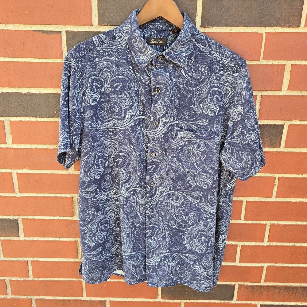Tasso Elba Shirt Mens Medium Blue Paisley Short Sleeve Button Up Silk Blend Camp